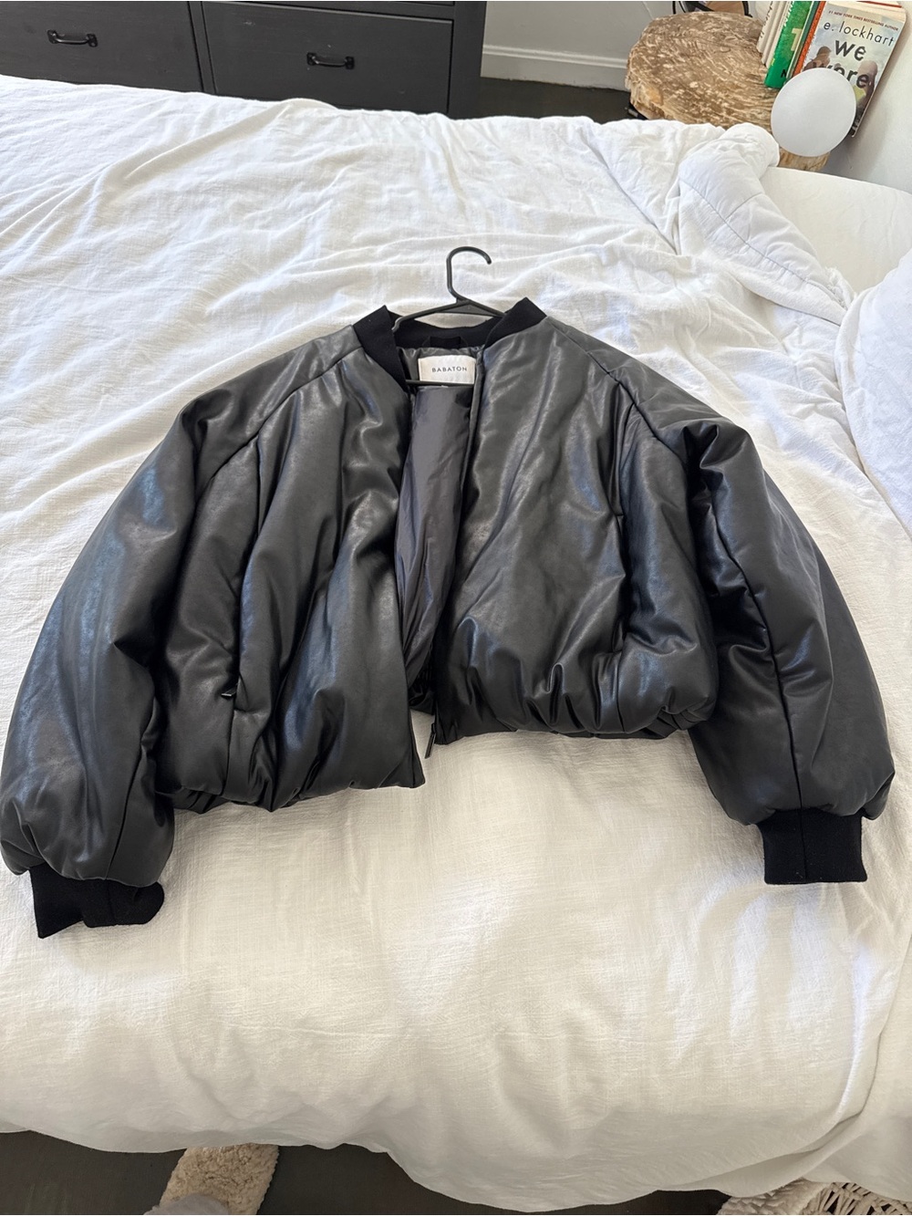 Babaton Black Cropped Puffer Bomber Jacket from Aritiza